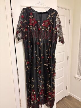 Black Embroidered Floral Mesh Maxi Dress with Red & Gold Accents